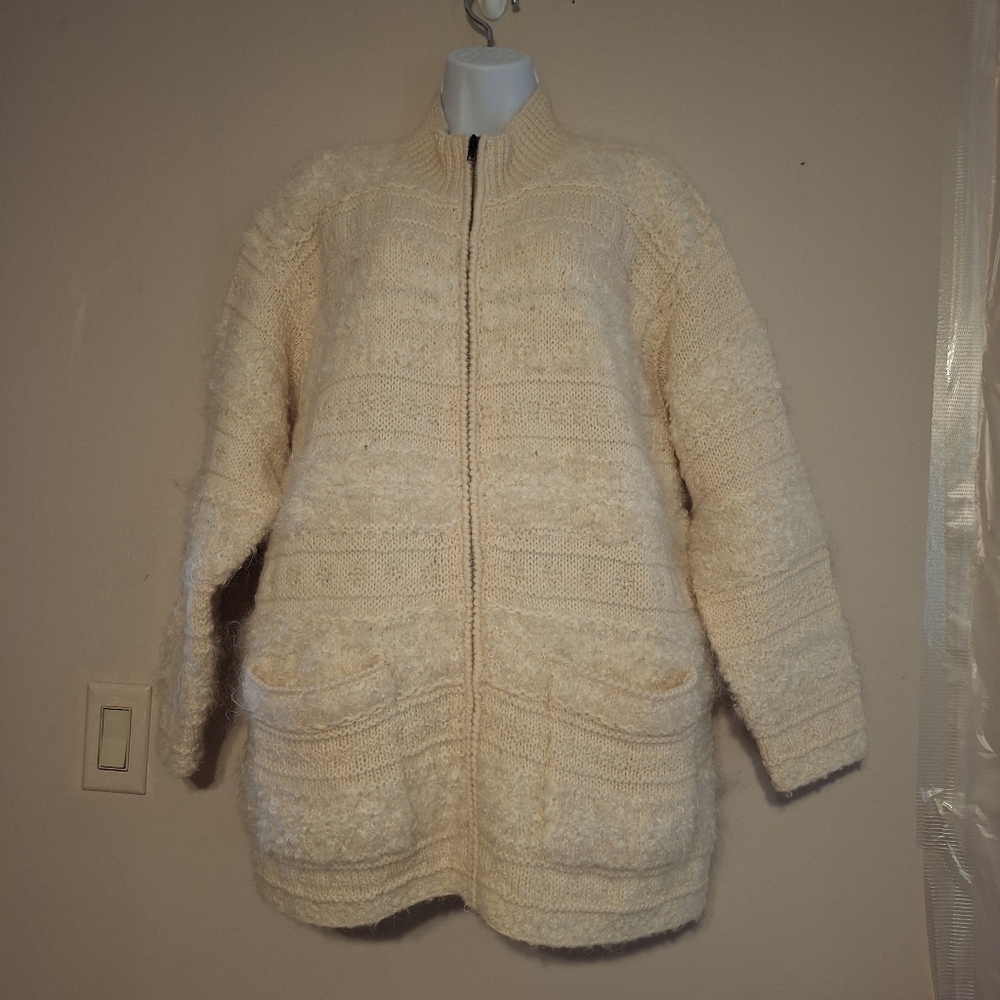 VTG Jones Sports Wear Ivory Wool Mohair Sweater Cardigan Full Zip Chunky Knit SM